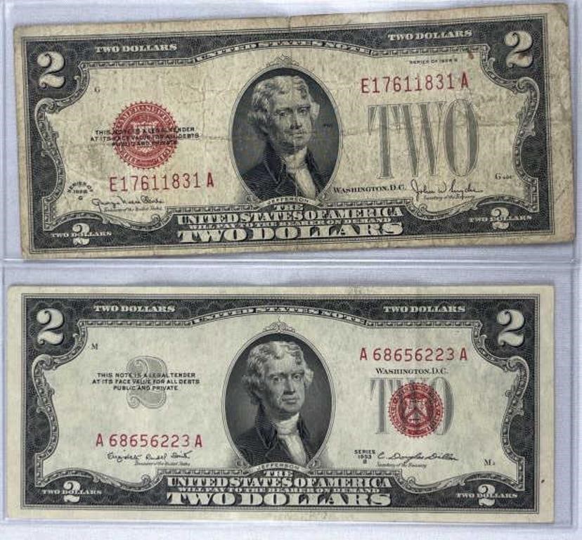 1928G, 1953B US Red Seal $2 Bills