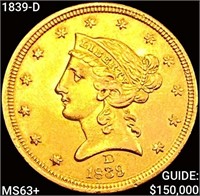 1839-D $5 Gold Half Eagle CHOICE BU+