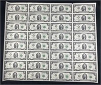(32) $2 Bill 2013 Uncut Sheet, Bureau of Printing