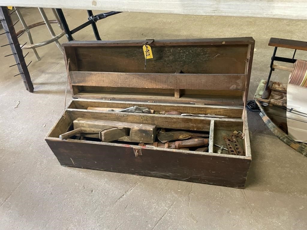 Wood Tool Box with Old Tools