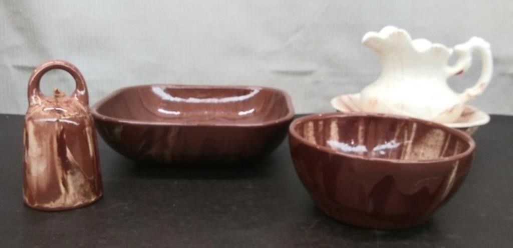 5 Pieces Montana Clay Pottery-2 Bowls, Bell,