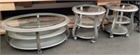 3 Piece Silver/Glass Coffee & End Table Set.