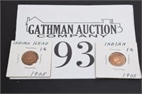 (2) 1905 Indian Head Pennies