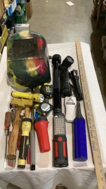 Welding mask, flashlights and various tools