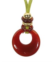 Carnelian pendant with green leather cord and 14K
