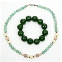 Lot, jade bead bracelet and jade bone and agate