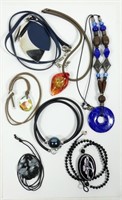 Lot, stone, art glass and crystal corded necklaces