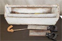 Vintage Wood Tool Box w/ Assorted Hand Saws