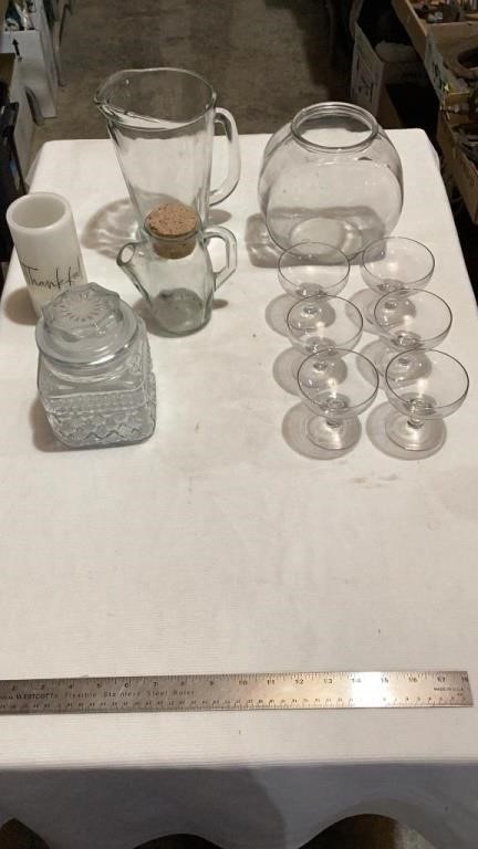 Glass pitcher, glass candy bowls, set of wine