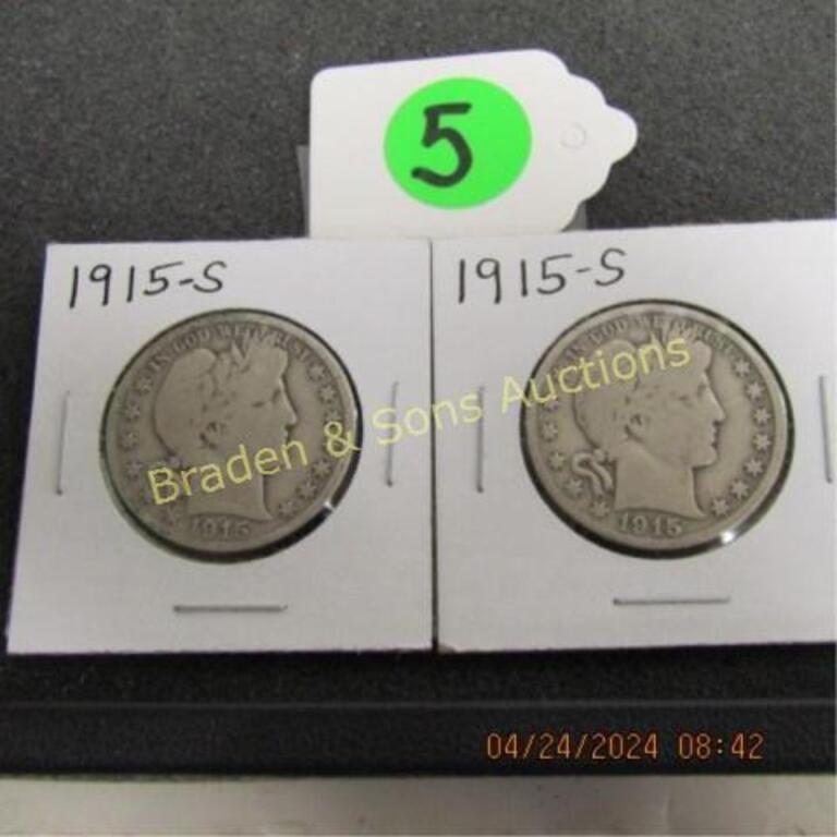 GROUP OF 2 US 1915-S BARBER SILVER HALF DOLLARS.