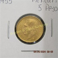 MEXICAN 1955 5 PESO GOLD COIN.