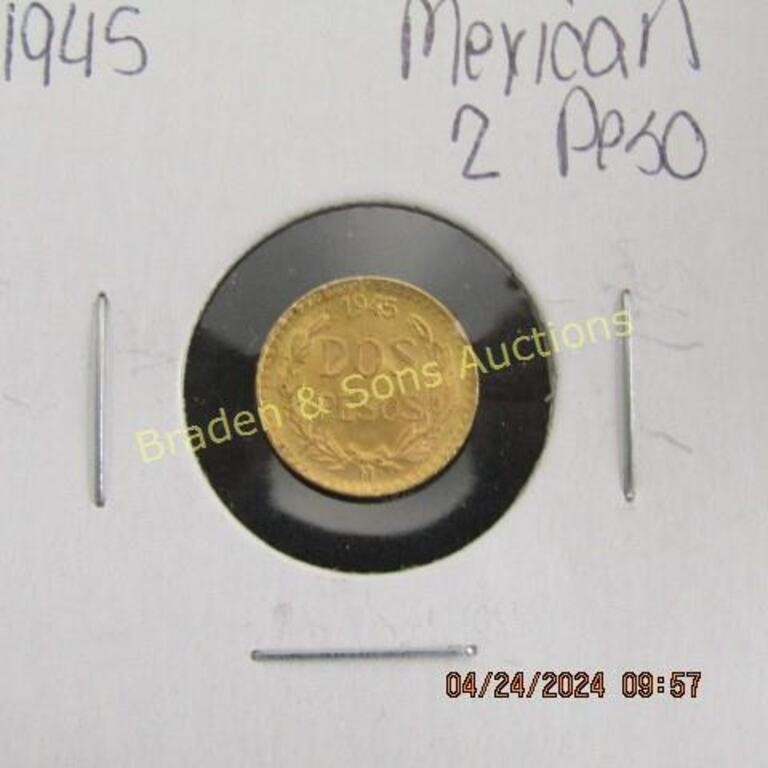MEXICAN 1945 2 PESO GOLD COIN.