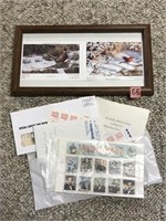Framed Bird Prints & Assorted Stamps