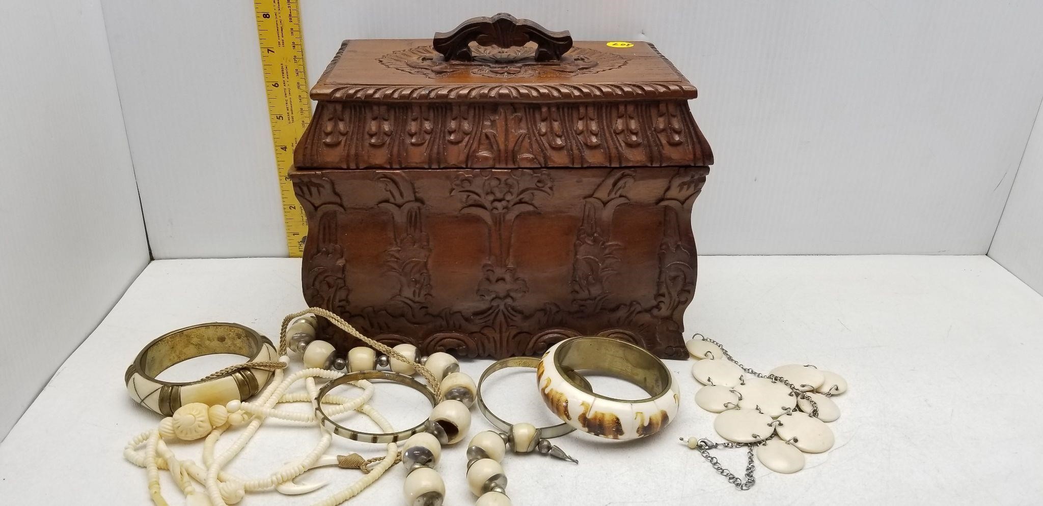 CARVED JEWELRY BOX FULL OF HAND MADE JEWELRY