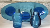 Blown Glass Vase and Tray/Blue Glassware