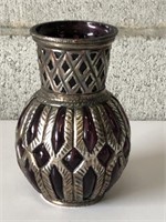 Vintage Cranberry Glass Vase with Silver Overlay