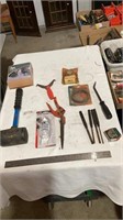 Hand tools, fuel regulator, tape measure, mallet,