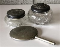 Vintage Mirror, Glass Jars with Silver Lids