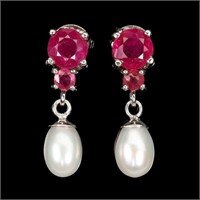 Natural  Red  Ruby & Pearl Earrings