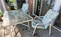 3pc GLASS TOP PATIO TABLE & 2 CHAIRS w/ CUSHIONS