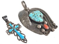 Sterling Cross & Cast Metal Turquoise Coral Pend