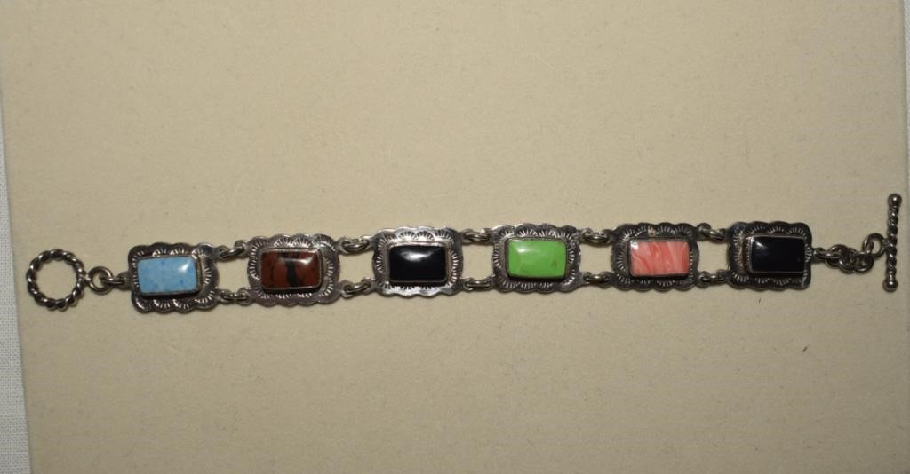 Sterling Bracelet w/ Polished Stones Marked Mexico