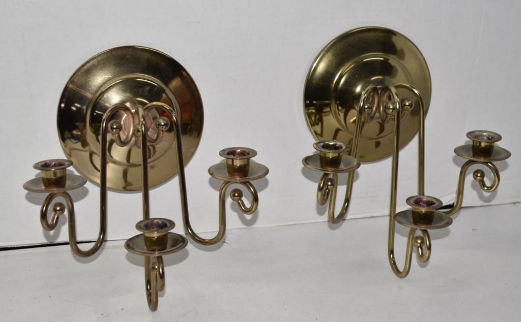 Pair of Three Arm Brass Wall Candle Sconces