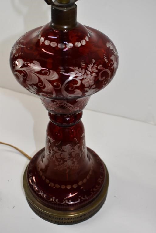 Vtg Bohemian Cut to Clear Red Ruby Glass Lamp