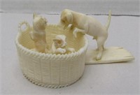 Bone Figurine of Dog & Basket of Puppies