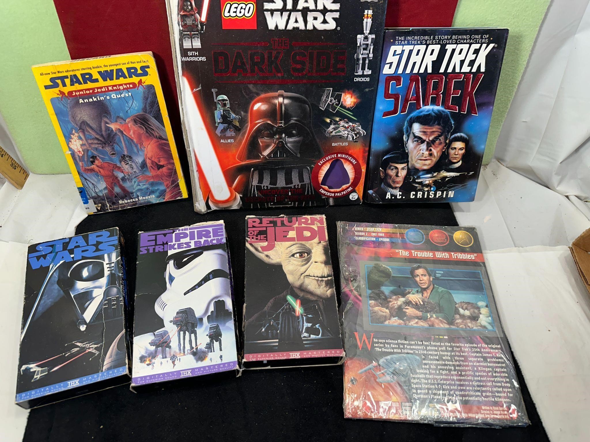 BOX OF STARWARS & STARTREK BOOKS & VHS TAPES