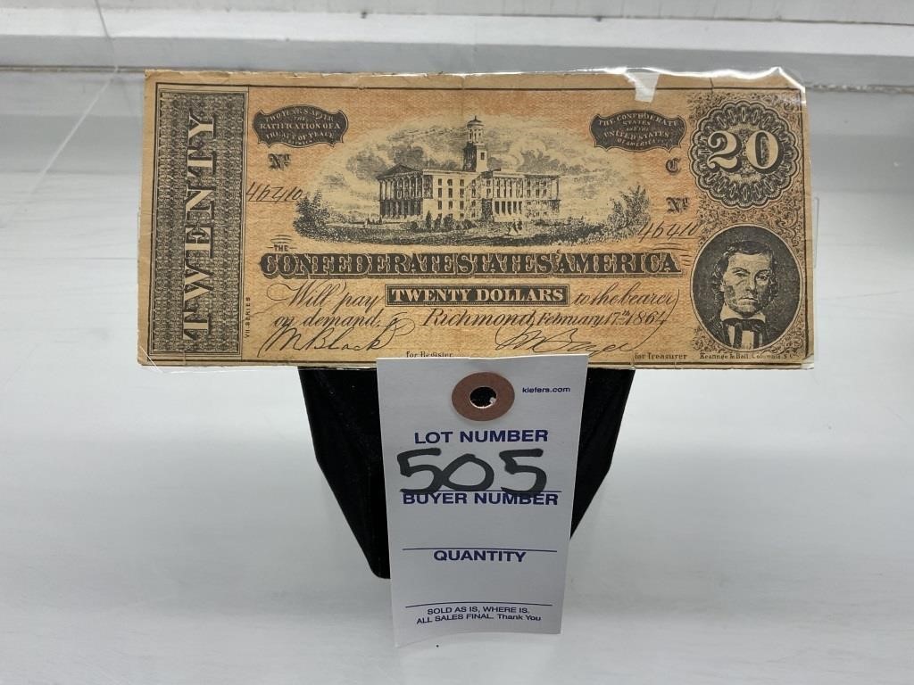 1864 Confederates America $20 Bill