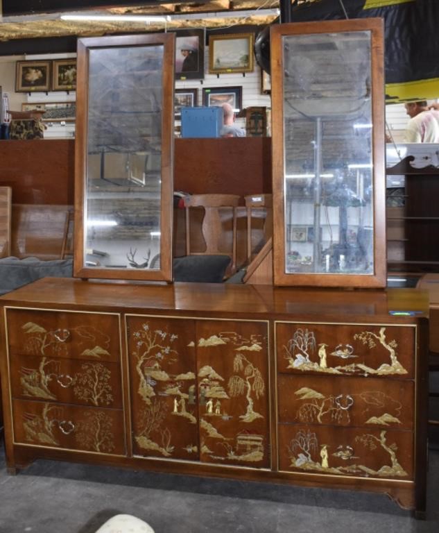 Vintage Oriental Print Lowboy Dresser with Mirrors