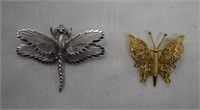 Two Vtg Monet Dragonfly & Butterfly Brooches