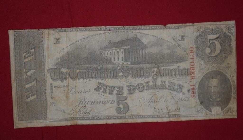 Genuine 1863 Richmond Confederate $5 Note