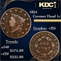 1824 Coronet Head Large Cent 1c Grades vf+