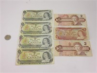 4 billets 1$ et 3 billets 2$ Canada