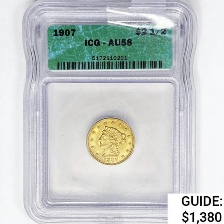 1907 $2.50 Gold Quarter Eagle ICG AU58