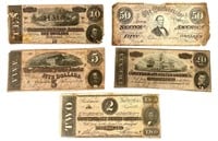 5 Confederate States Notes; $2, $5, $10, $20, $50