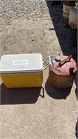 Igloo cooler, vintage gas can