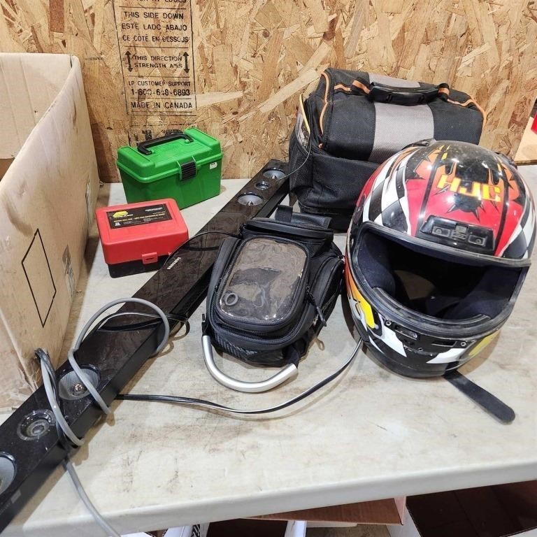 Speaker, containers, camera bag, large helmet
