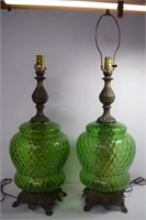 2- MCM Large Green Glass & Metal Lamps