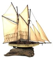 Wooden Model Sail Boat on Driftwood Base