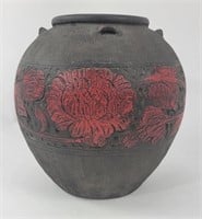 Red Floral and Black Wheel Thrown Pot