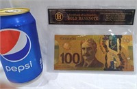 Billet canadien 100$ plaqué or 24 carats