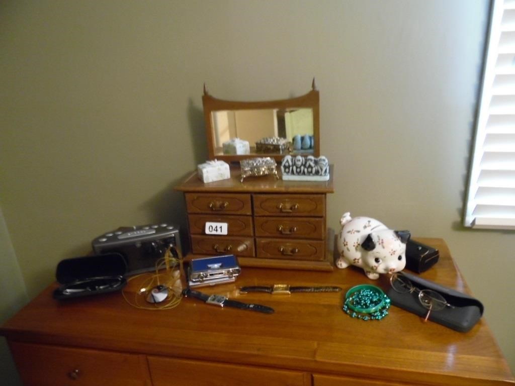 JEWELRY BOX AND ITEMS ON DRESSER