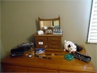 JEWELRY BOX AND ITEMS ON DRESSER