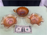 *3 CARNIVAL GLASS BOWLS 1 SM ONE HAS CHIP