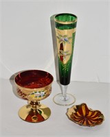 Three Vintage Colored Glass/Gold Stemware, Dish