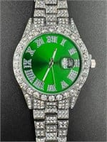 White Sapphire & White Gold Green Face Watch