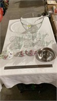 Glass punch bowl with matching cups, stainless